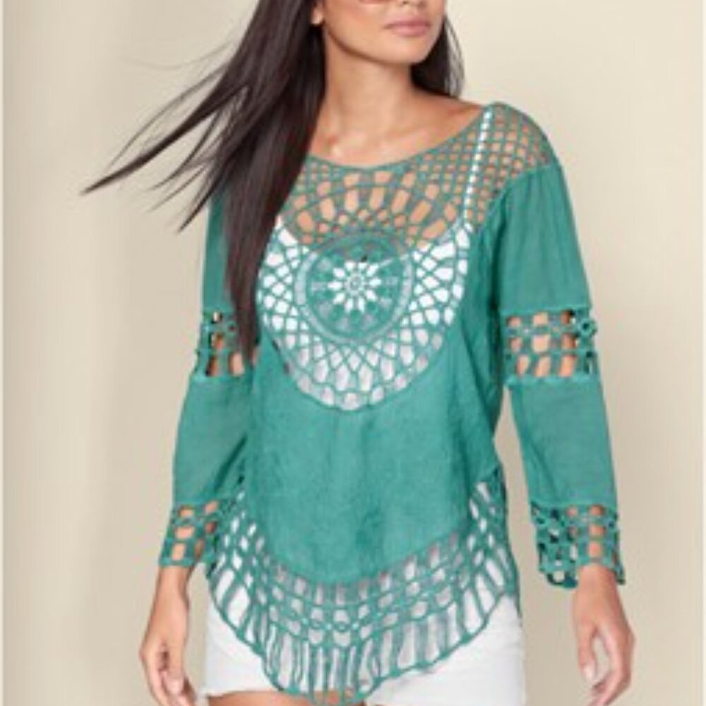 Trendy teal Boho open crochet top shirt cover up
